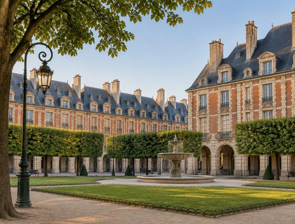 Les façades de brique et de pierre de la place des Vosges, dans le Marais